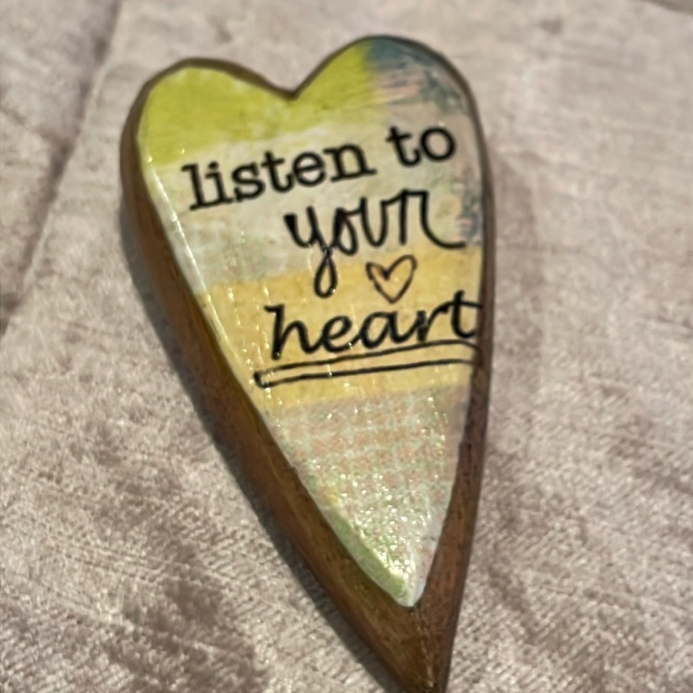 Kelly Norbert Wooden Heart Pin “Listen to your heart” Brooch